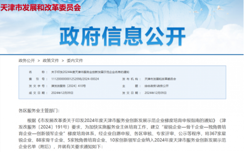 公布！星空体育体育官方网站这些公司纳入2024年度天津市服务业创新发展示范企业名单